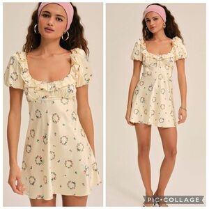 For Love & Lemons Jaida Mini Dress Butter Yellow Floral Scoop Neck Size Medium